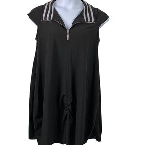 Dzhavael Couture Dress Sz Medium Black White Short Cap Sleeves Collared Zip Neck